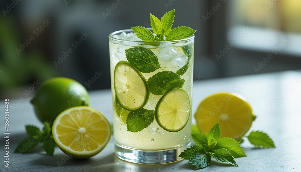 Fototapeta premium Refreshing Lime and Mint Iced Drink in Glass Summer Beverage Close up