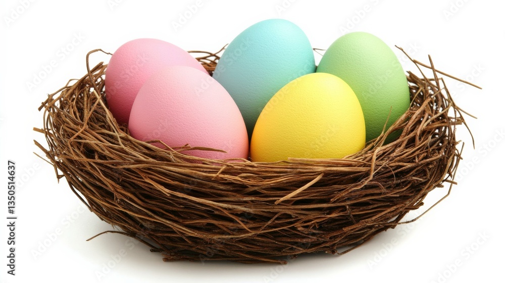 Vibrant Colored Easter Eggs in Nest on White Background Vibrant Colored Easter Eggs in Nest on White Background