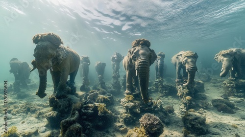 Underwater Elephants Sculpture Installation Beneath the Ocean Surface Surrounded by Coral Reefs
