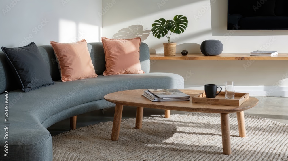 Fototapeta premium Generative AI, Contemporary living room with curved gray sofa and soft peach tones