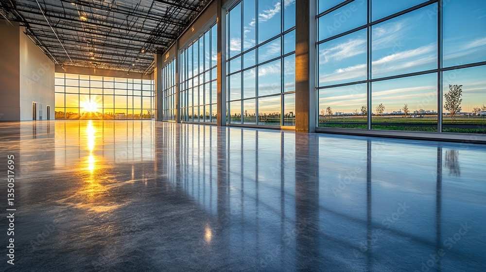 Sunrise Illuminates Empty Warehouse Interior: Vast Space with Polished Concrete Floor and Panoramic Windows Sunrise Illuminates Empty Warehouse Interior: Vast Space with Polished Concrete Floor and Panoramic Windows