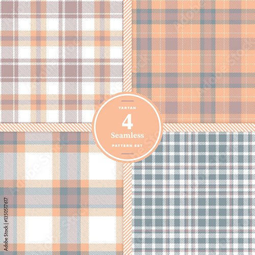 Cream Bisque Tartan patterns fabric texture. Modern Bright Vermillion Seamless Tartan Set of 4