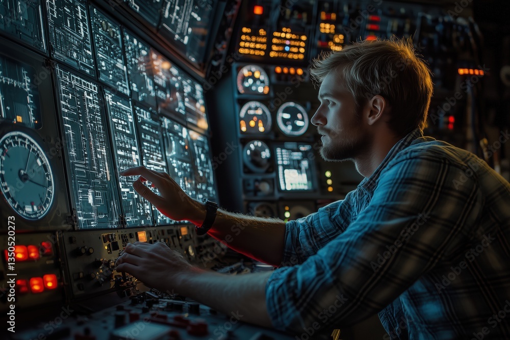 A focused young man relay protection and automation engineer in a plaid shirt operates a complex control panel filled with glowing screens and buttons, resembling a high-tech cockpit or control room. A focused young man relay protection and automation engineer in a plaid shirt operates a complex control panel filled with glowing screens and buttons, resembling a high-tech cockpit or control room.