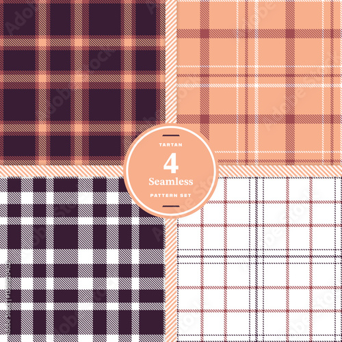 Modern Seamless Tartan featuring Midnight Charcoal and Cream Bisque Fabric Design Set of 4