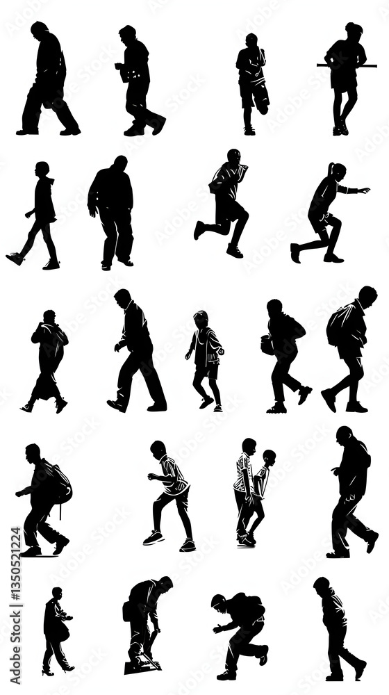 Naklejka premium Dynamic Vector Silhouettes of People Engaged in Various Activities Representing Everyday Movements and Interactions