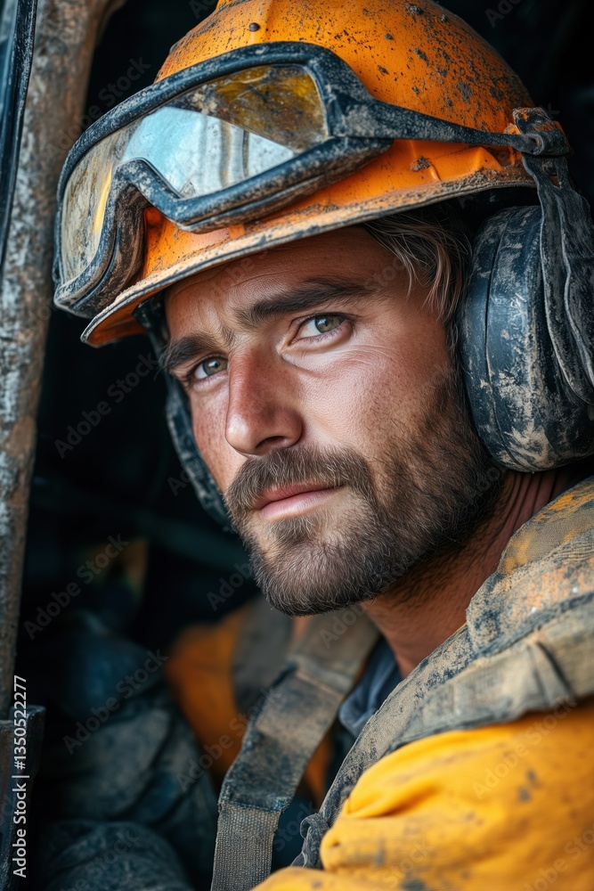 Fototapeta premium A surface mine equipment fitter rugged male miner wearing an orange helmet and protective gear, with a serious expression. His face is dirty from work, and he has a beard. 