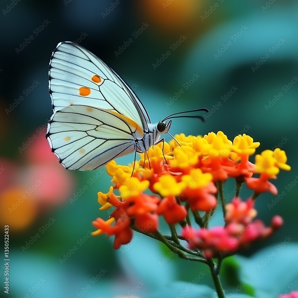 Obraz premium A beautiful white butterfly resting on a colorful vibrant flower