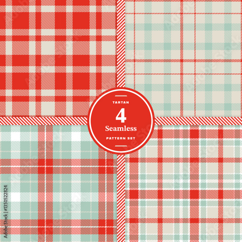 Modern Cream Bisque & Pale Cream Seamless Tartan Fabric Design Set of 4