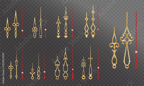 Set of Realistic Vintage Clock golden colored or Ornate Clock Hands Collection isolated.