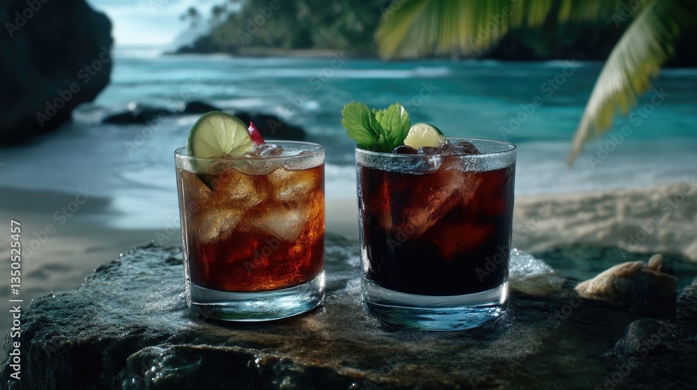 Tropical drinks on a beach, two glasses filled with ice, rum and cola, garnished with lime and mint Tropical drinks on a beach, two glasses filled with ice, rum and cola, garnished with lime and mint