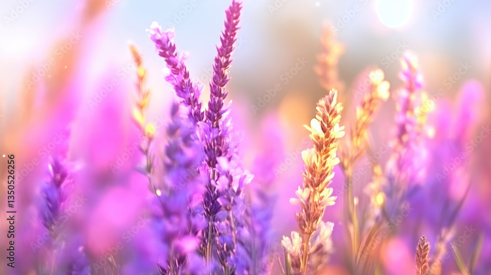 Obraz premium Vibrant field of purple and golden wildflowers bathed in soft sunlight