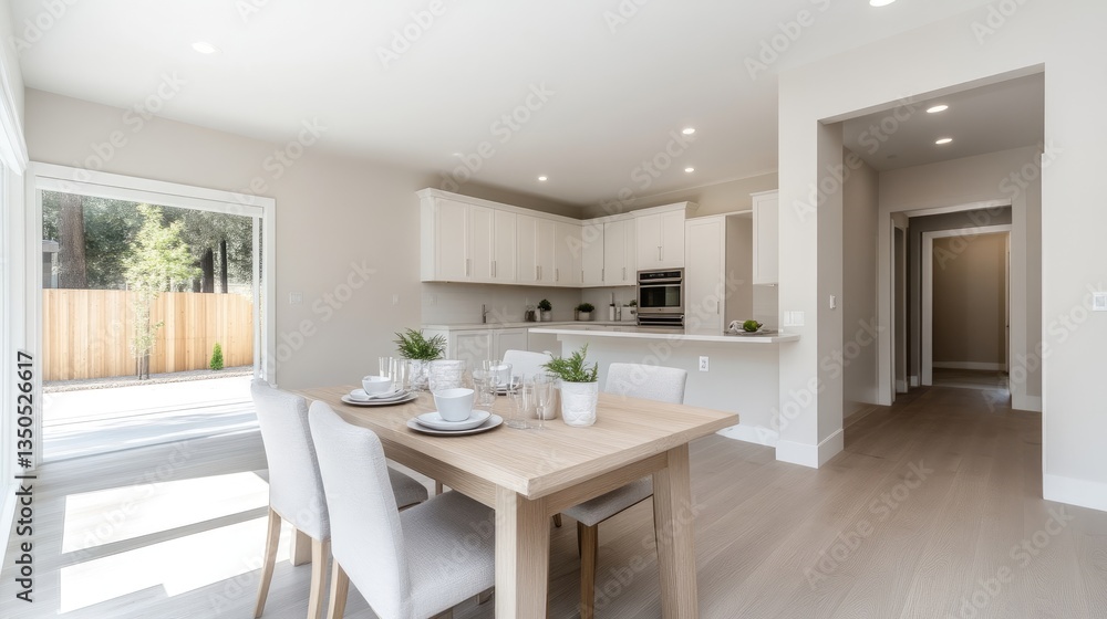 Fototapeta premium Open-concept, bright dining area, kitchen seamlessly integrated