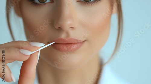 Wallpaper Mural Woman using toothpick, close-up, neutral background, personal care Torontodigital.ca