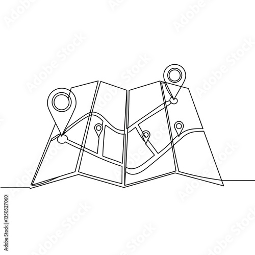 Line Art Map with Location Pins Representing Navigation  