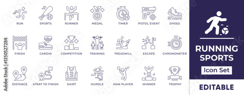 Minimalist line icons representing running, marathon, sprinting, track and field, jogging, training, endurance, and athletic performance.