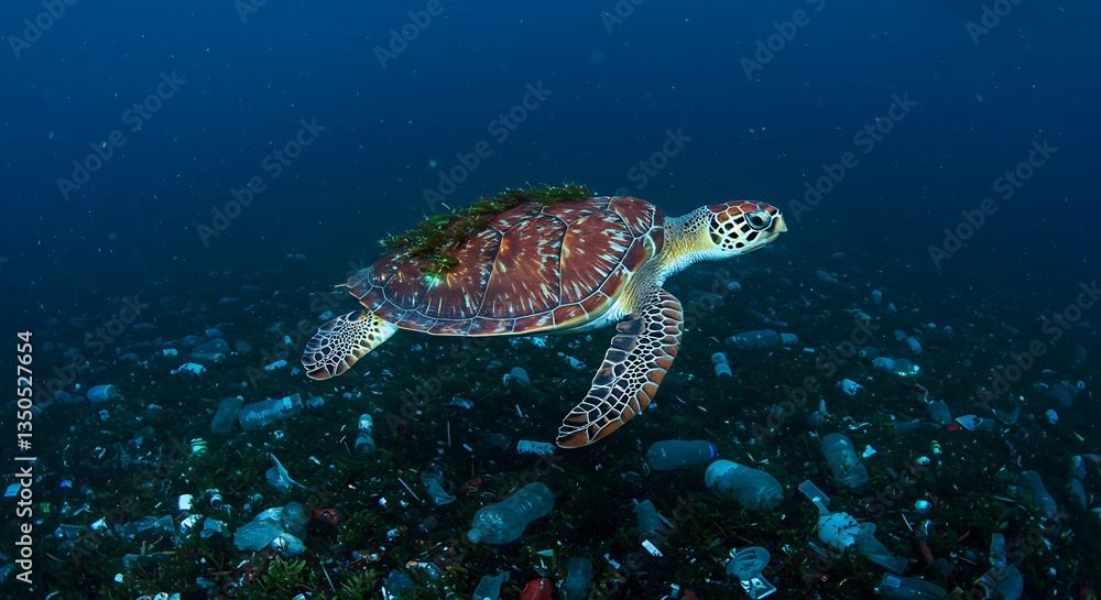 Fototapeta premium Sea Turtle Swimming in Plastic Ocean Pollution