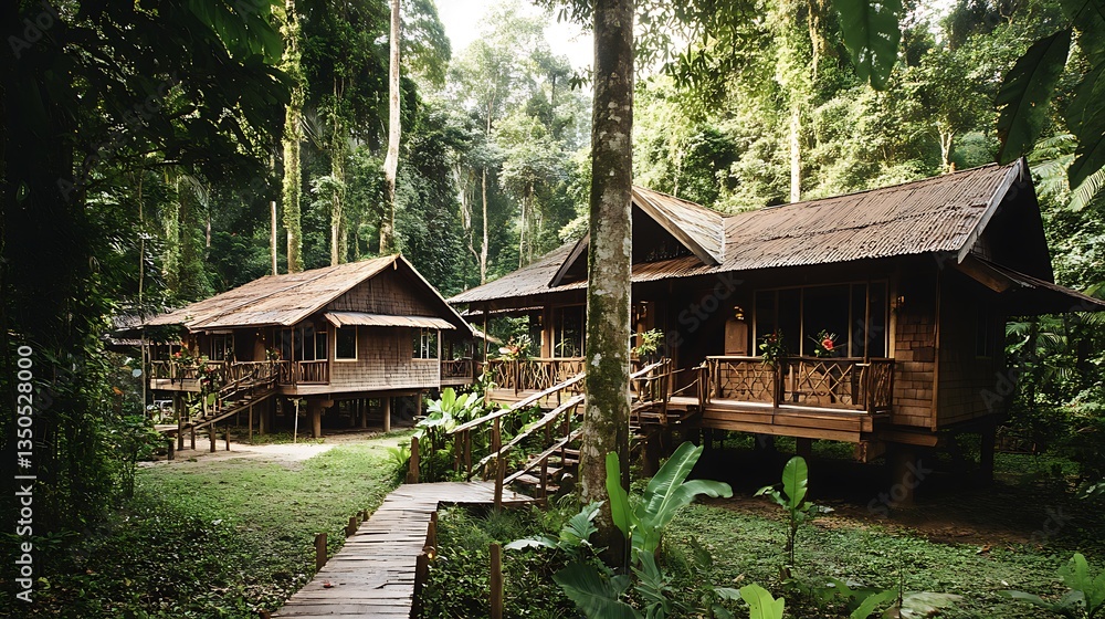 Rustic wooden huts nestled amidst a lush rainforest. Tranquil jungle lodge Rustic wooden huts nestled amidst a lush rainforest. Tranquil jungle lodge
