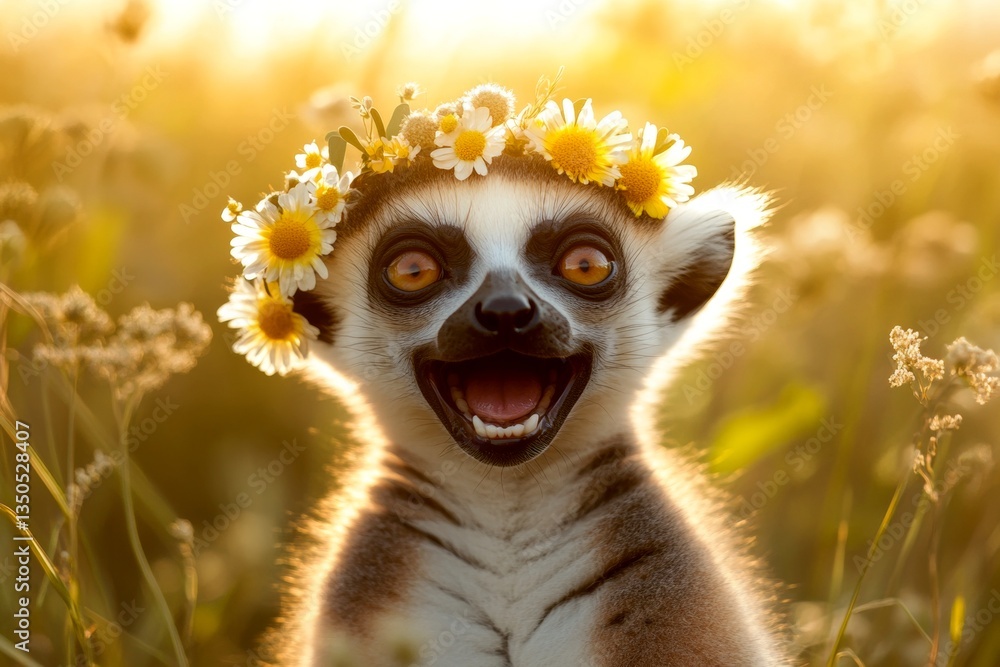 Fototapeta premium Cute baby animal lemur wearing fierce flower wreath on its head. Summer happiness. Golden hour in sunset. Majestic wildlife in summer. Sunlit wild animal in a dreamy setting.
