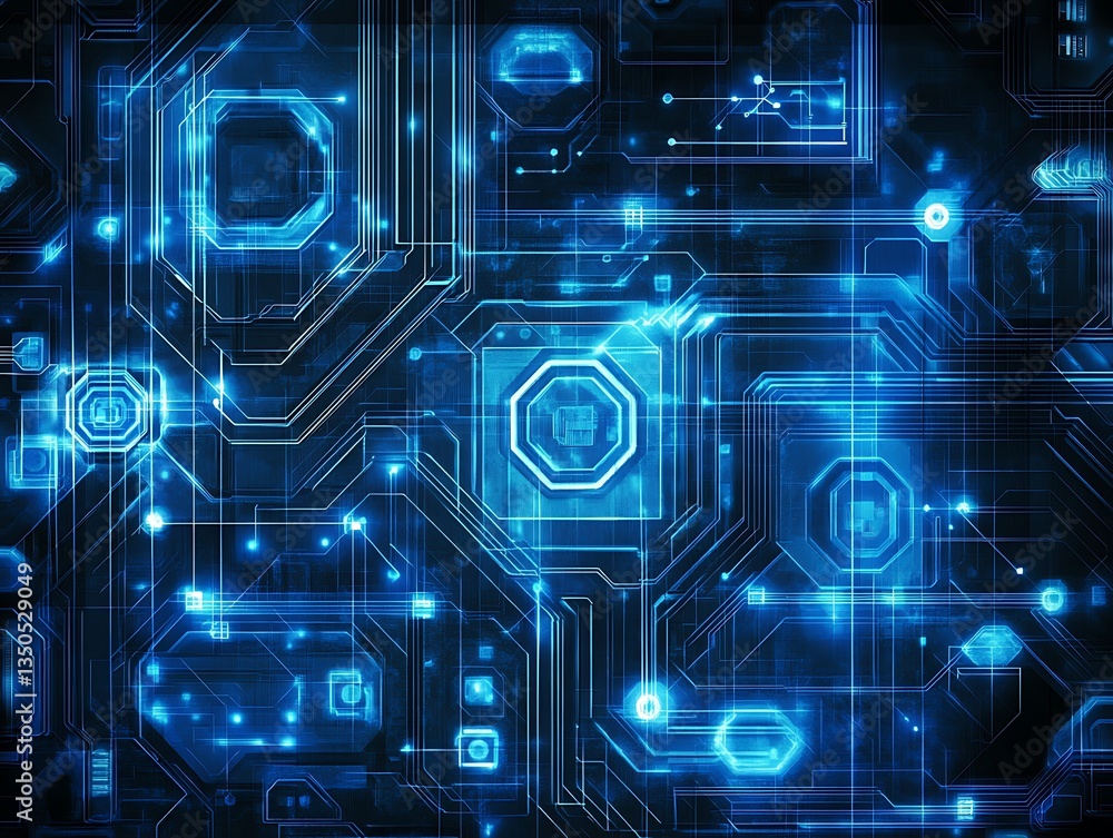 A vibrant and intricate circuit board with glowing blue lines A vibrant and intricate circuit board with glowing blue lines