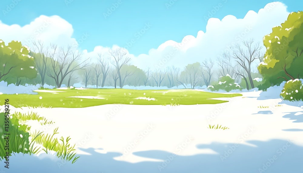 Fototapeta premium Spring Meadow for Snow Melt, Sunny Landscape.