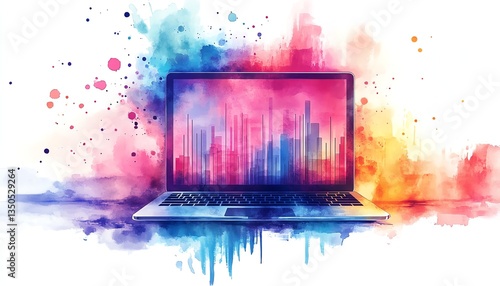 An artistic watercolor illustration of a stylish laptop showing vibrant graphs and charts, representing data analysis and business growth, dynamic composition, Midjourney v6