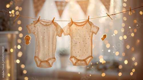 Heartwarming twins birth milestone card two baby onesies hanging clothesline tiny socks floating air and golden sparkles around the edges A blank section on one side allows for adding personal details