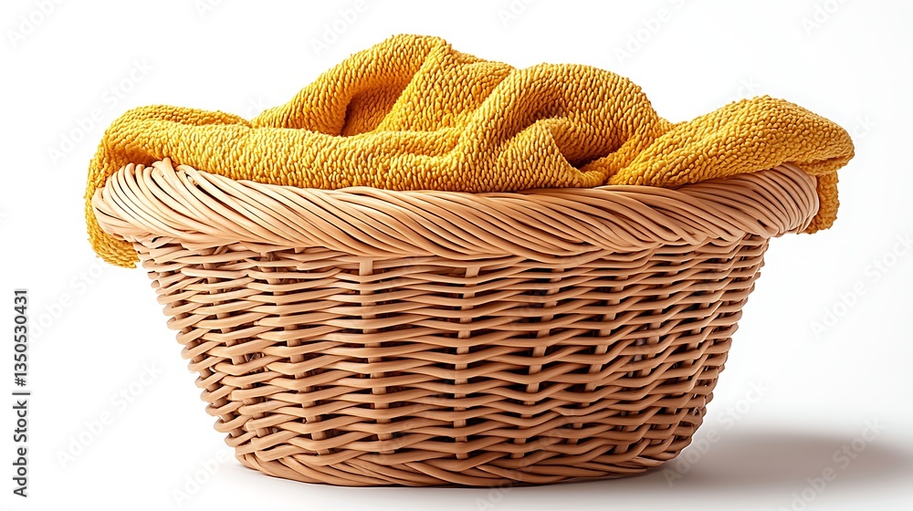 Obraz premium Yellow towel in wicker laundry basket