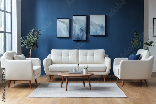 A living room with blue walls, a white sofa and a beige armchair, a grey fabric couch in front of the wall, a small round coffee table between two sofas, beautiful natural sunlight