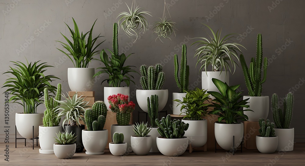 Fototapeta premium Modern home garden composition with a variety of lush plants, cacti, succulents, and air plants in stylish pots. A perfect botanical interior for home gardening lovers.