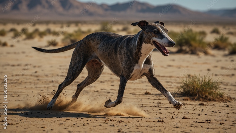 A sleek greyhound, running effortlessly across the sandy desert, its coat rippling in the wind. A sleek greyhound, running effortlessly across the sandy desert, its coat rippling in the wind.