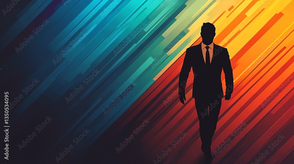 A silhouette of a businessman in a power pose in front of a colorful upward arrow, symbolizing success, growth, and advancement in the professional world, detailed, Midjourney v6 A silhouette of a businessman in a power pose in front of a colorful upward arrow, symbolizing success, growth, and advancement in the professional world, detailed, Midjourney v6
