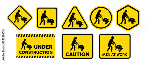 Collection set vector of under construction sign, men at work sign, road works sign, caution sign, in black and yellow design.