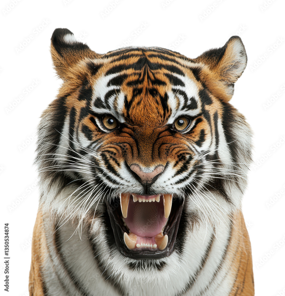 Fototapeta premium Majestic Bengal Tiger Head Portrait with Fierce Open Mouth Roar Showing Sharp Fangs and Intense Blue Eyes Isolated on Transparent and White Background
