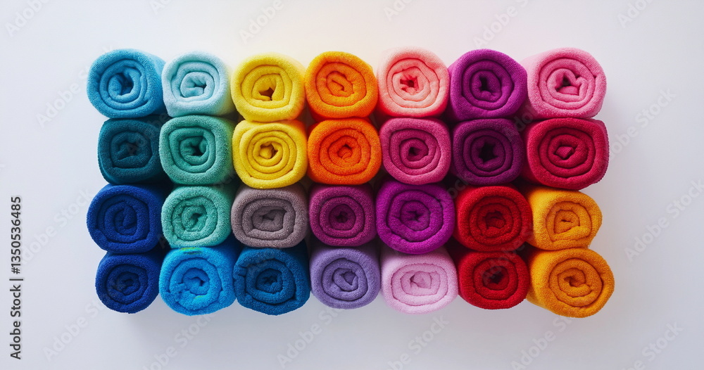 Stack of rainbow bath towels rolled tightly. Ideal for luxury spa, self-care visuals, or interior content.
Stack of rainbow bath towels rolled tightly. Ideal for luxury spa, self-care visuals, or interior content.
