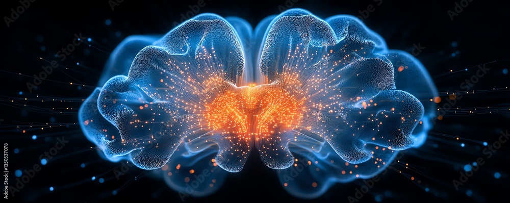 Obraz premium A visually striking illustration of a brain with holographic circuits