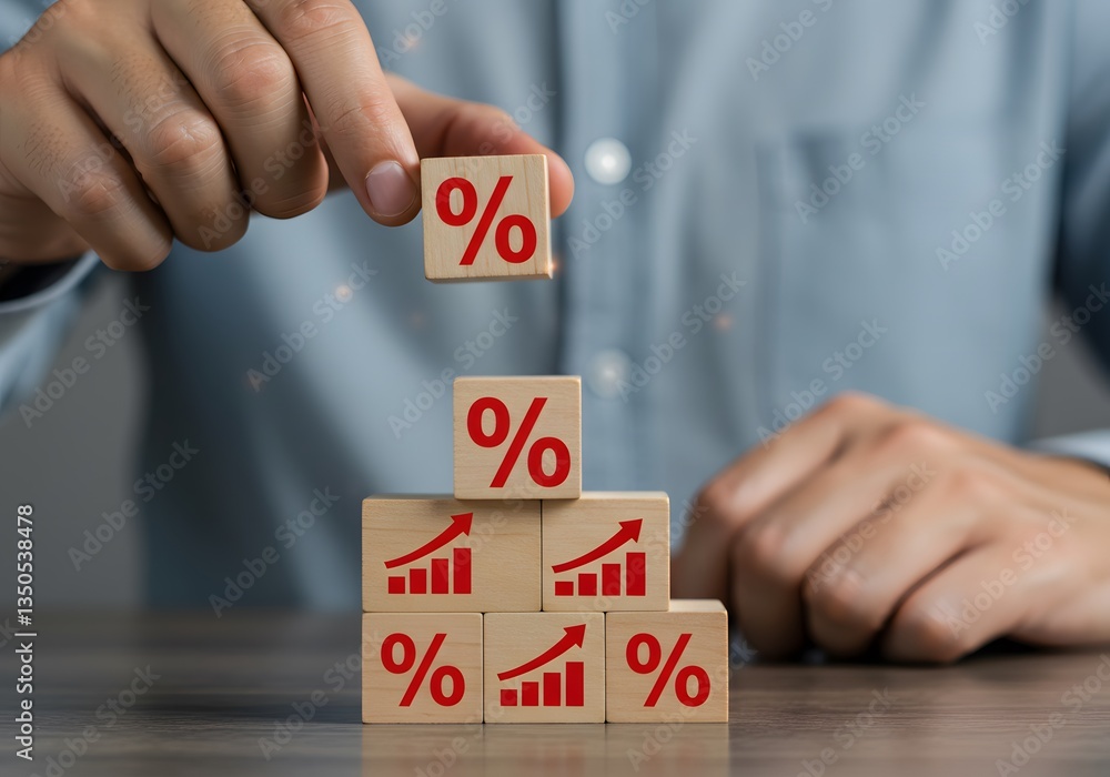Naklejka premium representing interest rates, financial growth, and dividends in the economy. Interest Rate and Growth Concept. Wooden blocks with percentage symbols and upward arrows stacked progressively, 