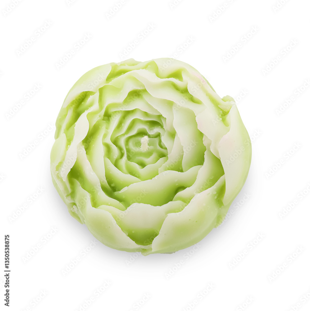 Fototapeta premium Beautiful green flower-shaped candle isolated on white, top view