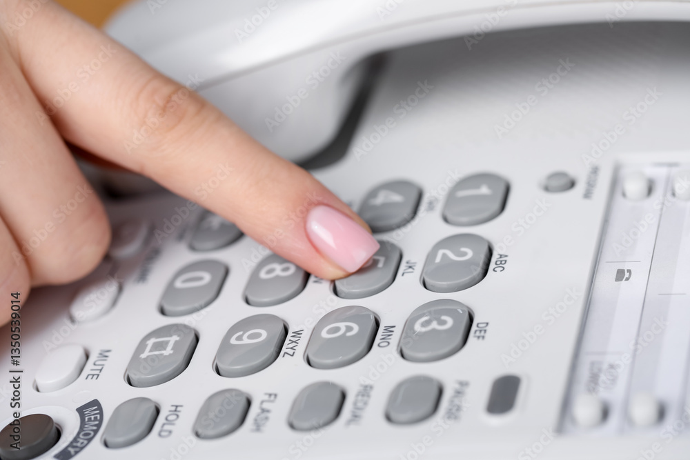 Woman dialing number on landline telephone, closeup Woman dialing number on landline telephone, closeup