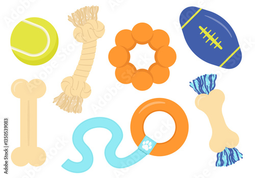 Dog toys illustration set. Variety of pet toys in a flat vector style including chew bones, rope and balls. 