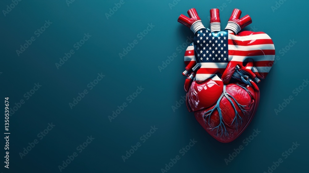 Naklejka premium Red human heart with American flag design on teal background