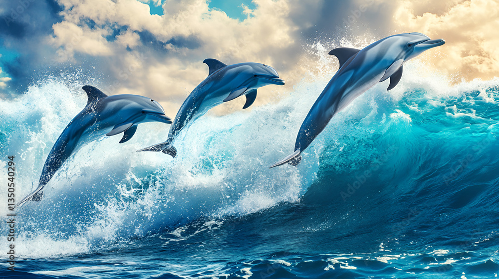 Naklejka premium dolphin jumping out of water with shiny sky.ai generative