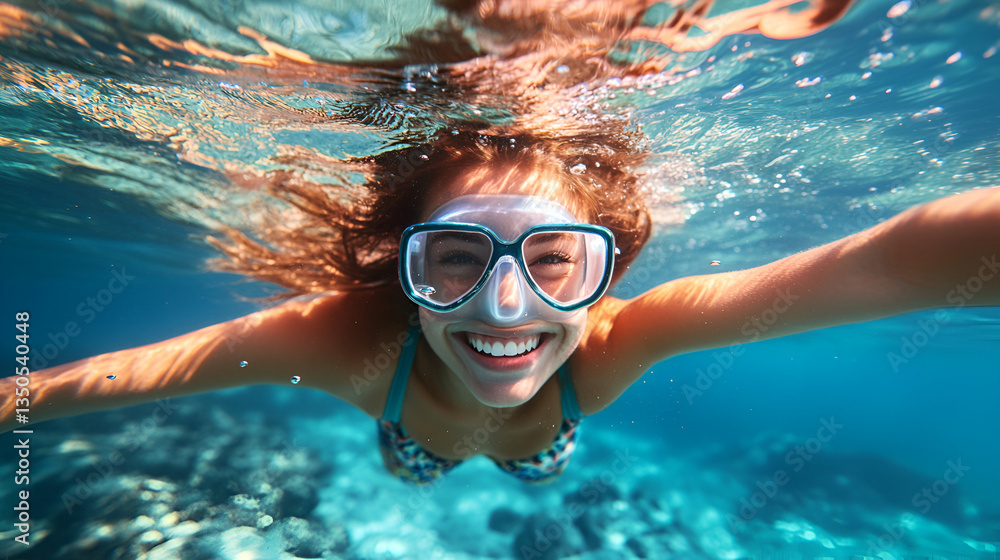 Naklejka premium young girl swimming underwater close-up.ai generative