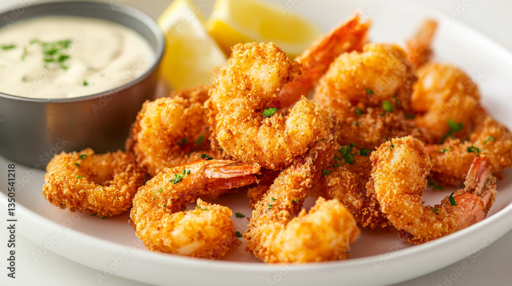 Shrimp and Bilinear Shrimp on a white plate with lemon visible Shrimp and Bilinear Shrimp on a white plate with lemon visible