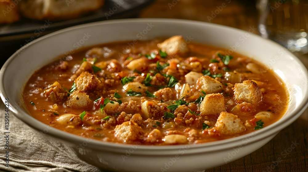 Hearty sausage and bean soup, rustic setting Hearty sausage and bean soup, rustic setting