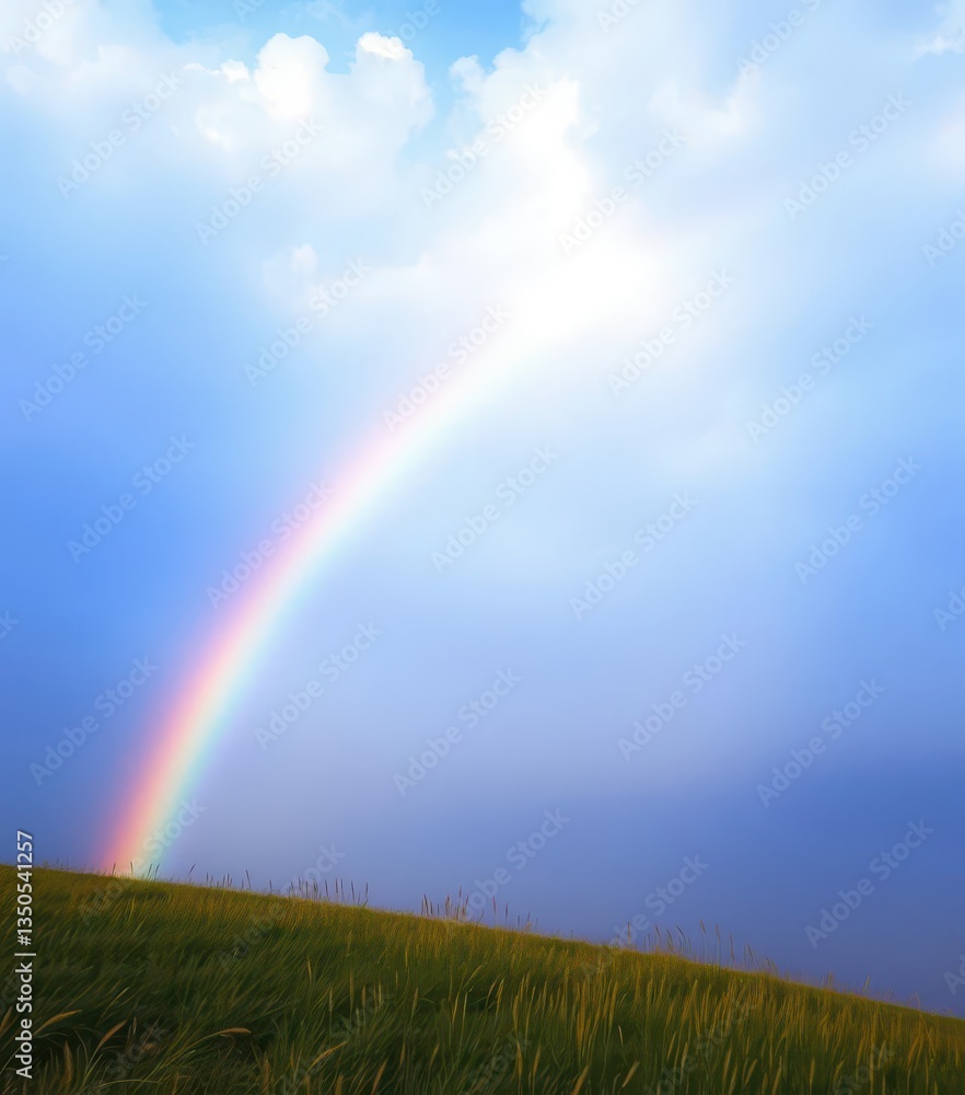 Vast blue sky canvas, vibrant rainbow arc across horizon, atmospheric, dreamy Vast blue sky canvas, vibrant rainbow arc across horizon, atmospheric, dreamy