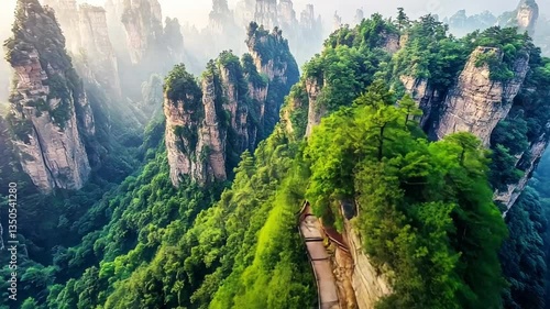 Majestic Mountain Scenery With Lush Green Forest In China