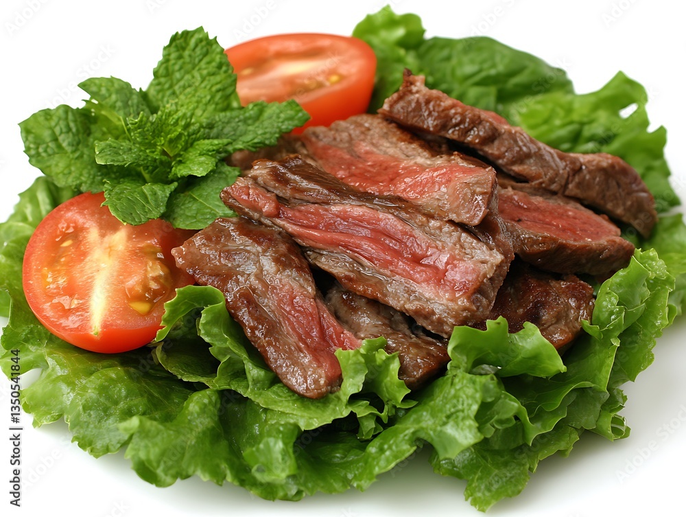 Sliced steak presentation with tomatoes and fresh mint garnish closeup Sliced steak presentation with tomatoes and fresh mint garnish closeup