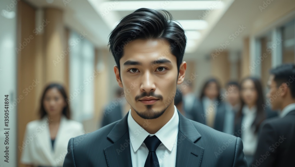 Confident Young Businessman in Formal Attire Standing in Corporate Office Hallway Confident Young Businessman in Formal Attire Standing in Corporate Office Hallway