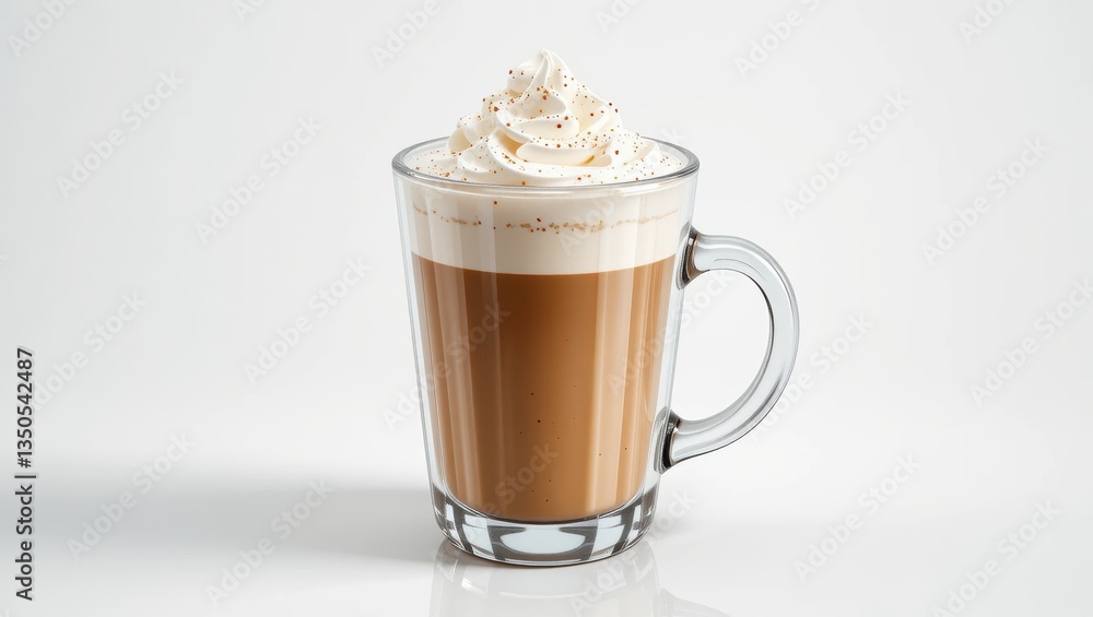Delicious Layered Coffee Latte Topped With Whipped Cream In A Clear Mug On A White Background Delicious Layered Coffee Latte Topped With Whipped Cream In A Clear Mug On A White Background