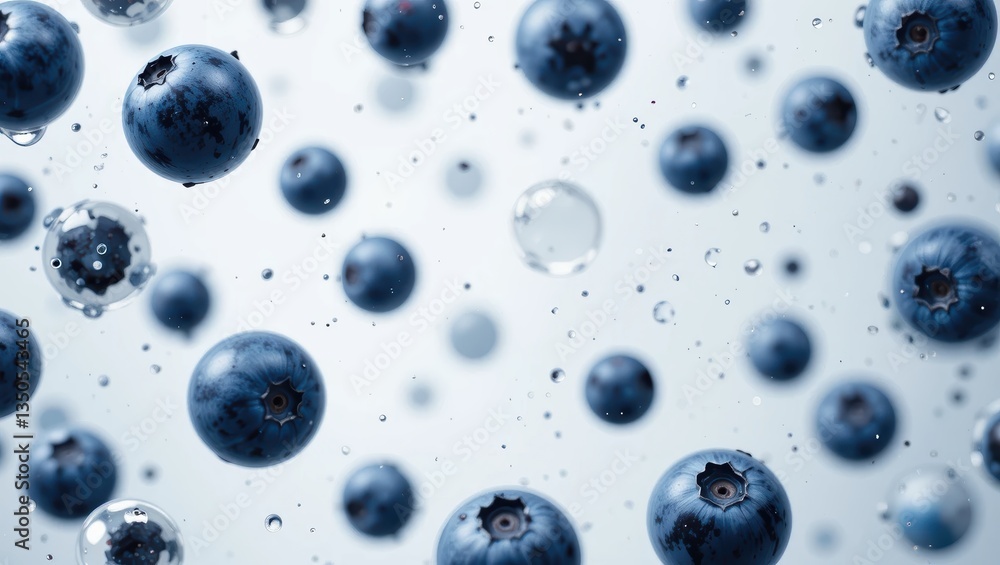 Floating Blueberries and Water Droplets on a White Background Creating a Fresh and Nourishing Atmosphere Floating Blueberries and Water Droplets on a White Background Creating a Fresh and Nourishing Atmosphere